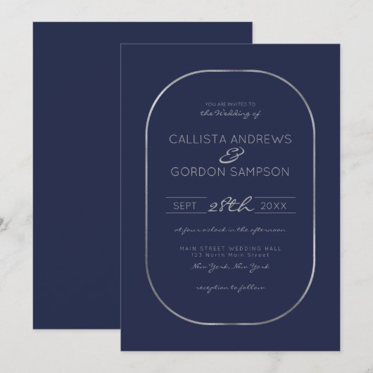 Elegant Eenvoudig Marine Zilver Ovaal Border Bruil Kaart (Voorkant / Achterkant)