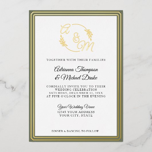 Elegant Eenvoudig Modern Goud Sage Groen Bruiloft Folie Uitnodiging (Voorkant)