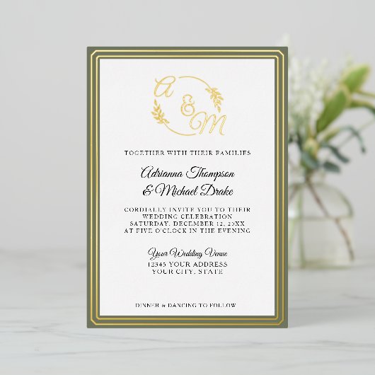 Elegant Eenvoudig Modern Goud Sage Groen Bruiloft Folie Uitnodiging (Staand Voorkant)
