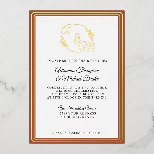 Elegant Eenvoudig Modern Goud Verbrand Sinaasappel Folie Uitnodiging (Voorkant)