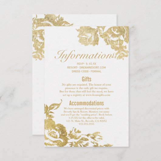 Elegant Eenvoudig Modern Roos Bloemen Goud Bruilof Informatiekaartje (Voorkant / Achterkant)