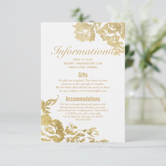 Elegant Eenvoudig Modern Roos Bloemen Goud Bruilof Informatiekaartje (Staand voorkant)