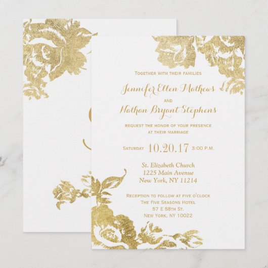 Elegant Eenvoudig Modern Roos Bloemen Goud Bruilof Kaart (Voorkant / Achterkant)