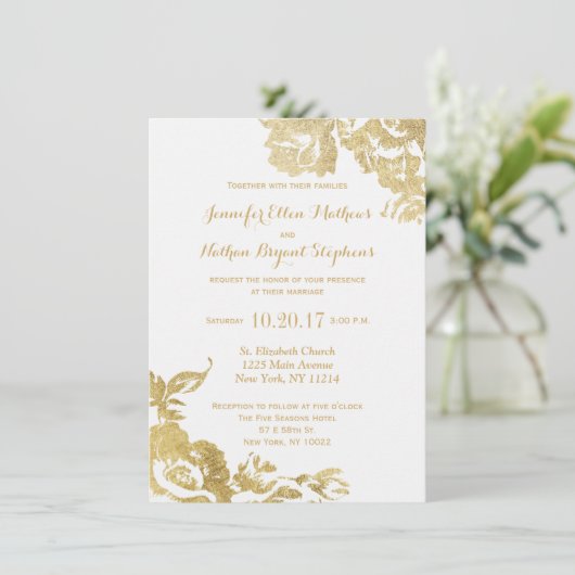 Elegant Eenvoudig Modern Roos Bloemen Goud Bruilof Kaart (Staand voorkant)