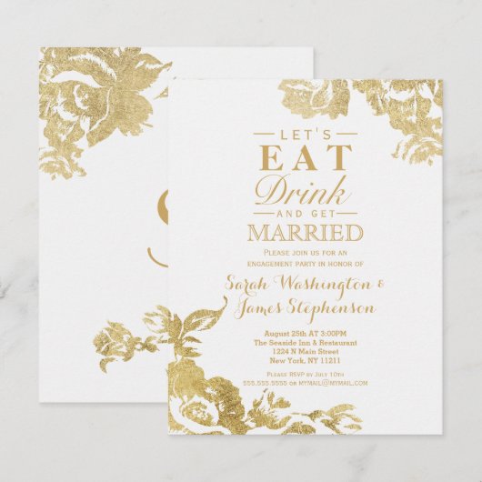 Elegant Eenvoudig Modern Roos Bloemen Goud Verlovi Kaart (Voorkant / Achterkant)