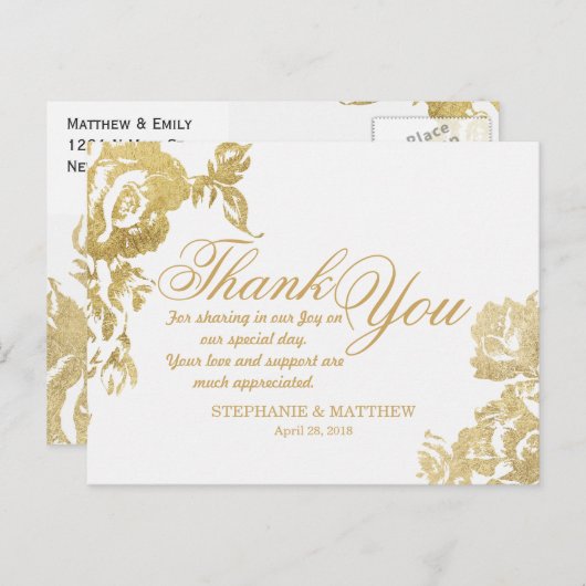 Elegant eenvoudig Modern Roos Bloemengoud Dank u Briefkaart (Voorkant / Achterkant)