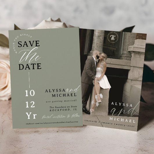 Elegant Eenvoudig Modern Sage Groen Foto Bruiloft Save The Date