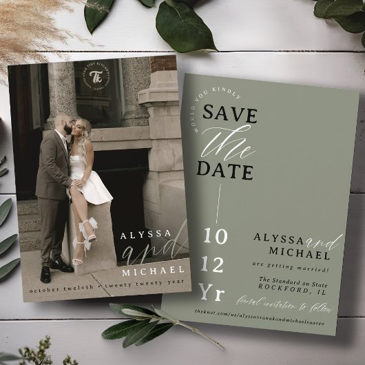 Elegant Eenvoudig Modern Sage Groen Foto Bruiloft Save The Date