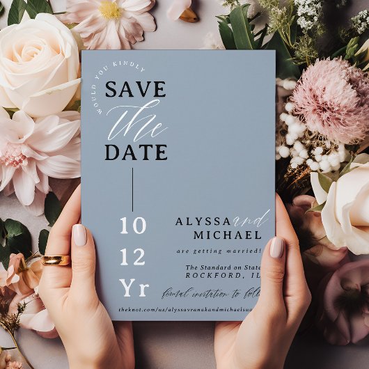 Elegant Eenvoudig Modern Stoffig Blauw Fotohuwelij Save The Date