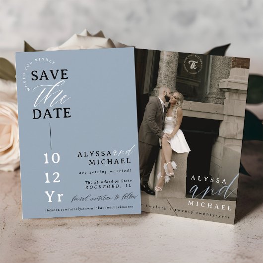 Elegant Eenvoudig Modern Stoffig Blauw Fotohuwelij Save The Date