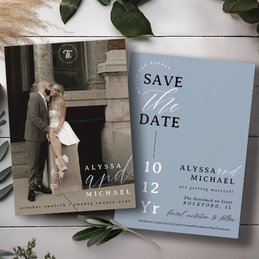 Elegant Eenvoudig Modern Stoffig Blauw Fotohuwelij Save The Date