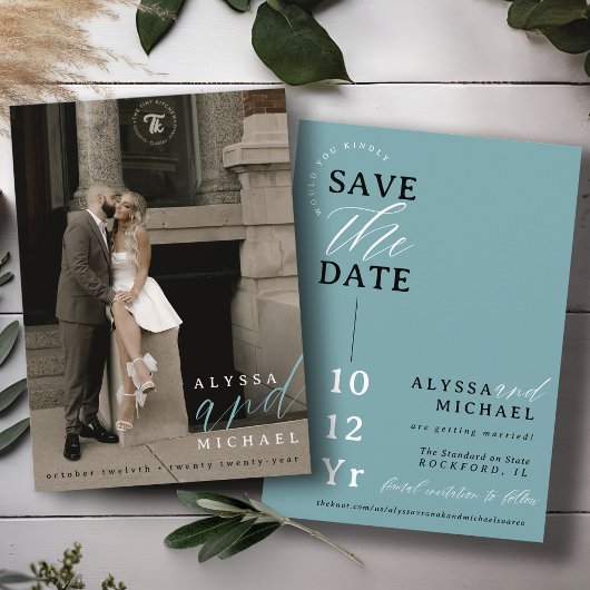 Elegant Eenvoudig Modern Zacht Blauwgroen Fotohuwe Save The Date