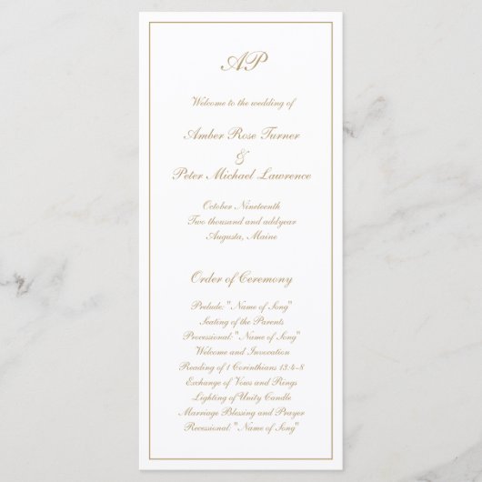 Elegant Eenvoudig Monogram Formeel Gouden Trouwfee Programmakaart (Voorkant)