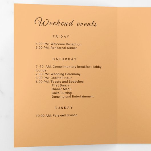 Elegant Eenvoudig Perzik Monogram Bruiloft Drieluik Programma (Binnenzijde eerst)