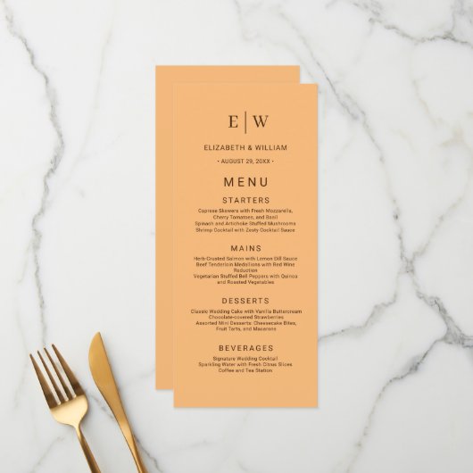 Elegant Eenvoudig Perzik Monogram Bruiloft Menu (Voorkant / Achterkant in situ)