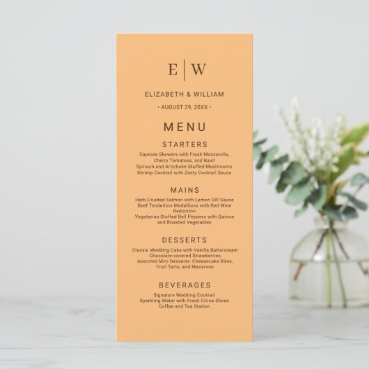 Elegant Eenvoudig Perzik Monogram Bruiloft Menu (Staand voorkant)