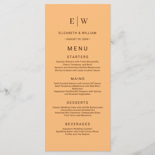 Elegant Eenvoudig Perzik Monogram Bruiloft Menu (Voorkant)