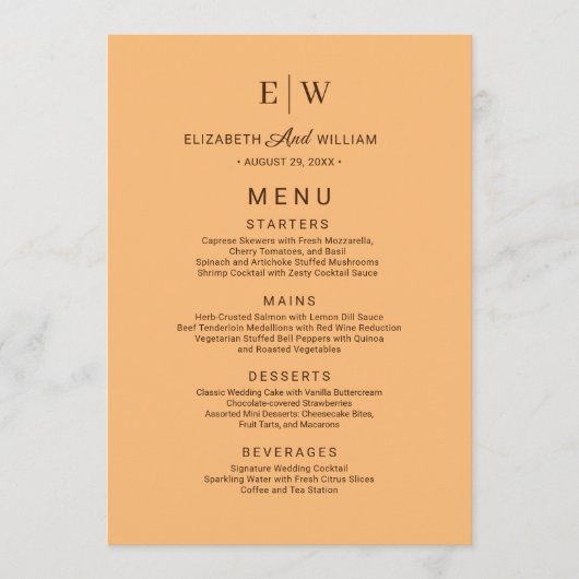 Elegant Eenvoudig Perzik Monogram Bruiloft Menu (Voorkant)
