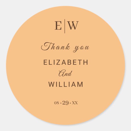Elegant Eenvoudig Perzik Monogram Bruiloft Ronde Sticker (Voorkant)