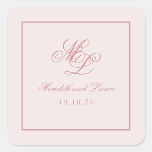 Elegant eenvoudig roze monogram vierkante sticker (Voorkant)