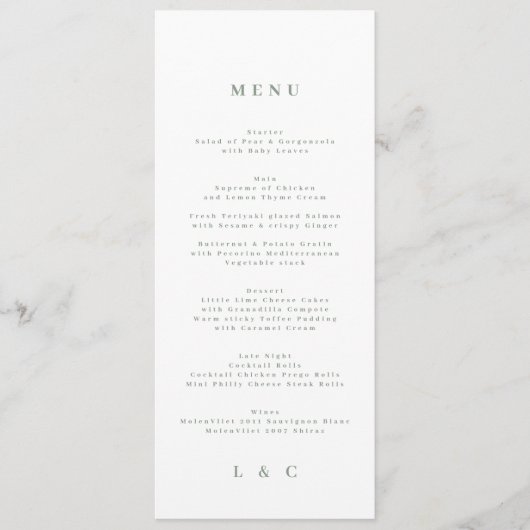 Elegant Eenvoudig Salie Groen Wit Monogram Menu (Voorkant)