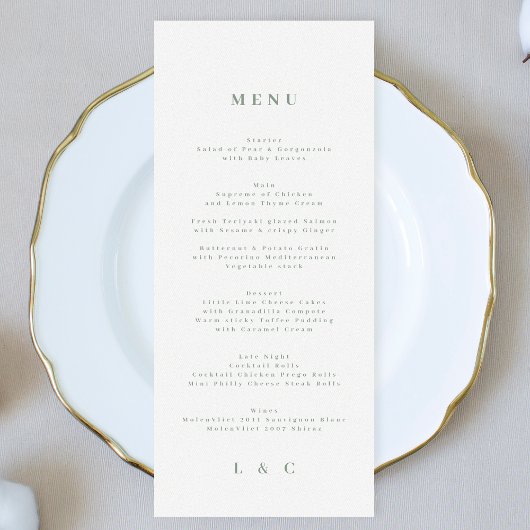 Elegant Eenvoudig Salie Groen Wit Monogram Menu