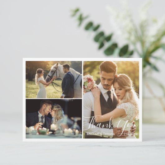 Elegant eenvoudig script bruiloft 3 foto's bedankkaart (Staand voorkant)
