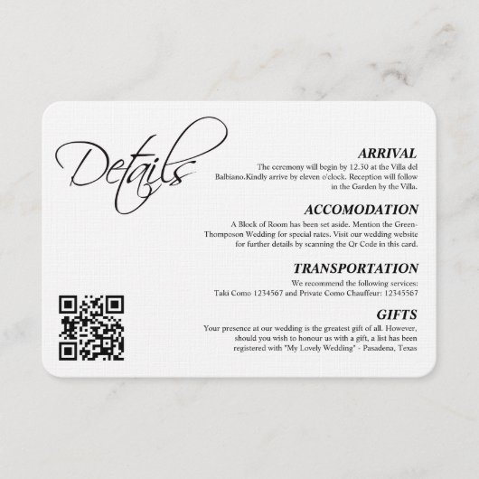 Elegant Eenvoudig Script Bruiloft Details QR Code Informatiekaartje (Voorkant)