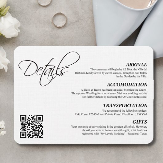Elegant Eenvoudig Script Bruiloft Details QR Code Informatiekaartje