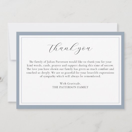 Elegant eenvoudig script grijs begrafenis dank u k kaart (Voorkant)