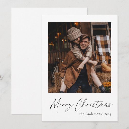 Elegant eenvoudig script paar foto Vrolijk kerstfe Feestdagenkaart (Voorkant / Achterkant)