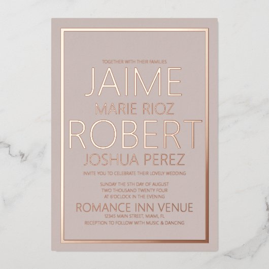 ELEGANT & EENVOUDIG Typografie Gedempt Tan Wedding Folie Uitnodiging (Voorkant)