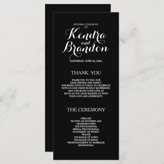 Elegant eenvoudig zwart aangepaste bruiloft progra programmakaart (Voorkant / Achterkant)