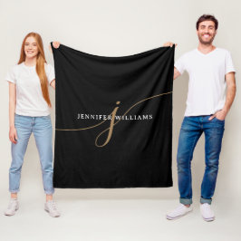 Elegant Eenvoudig Zwart en Goud Schrift Monogram Fleece Deken