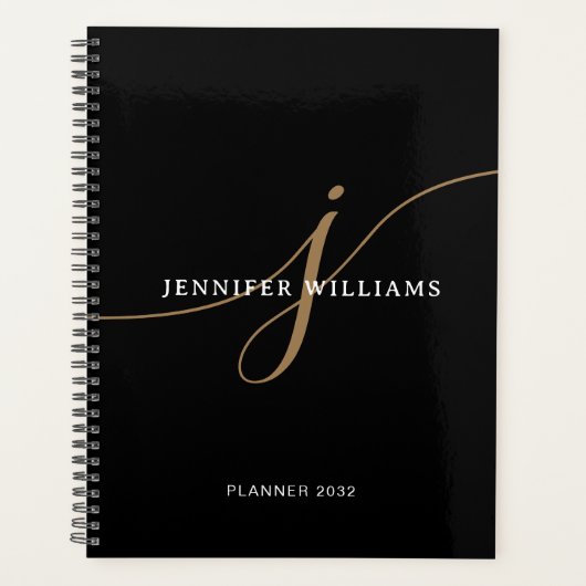 Elegant Eenvoudig Zwart en Goud Schrift Monogram Planner (Voorkant)