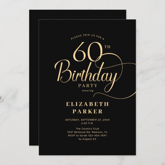 Elegant Eenvoudig Zwart Goud Script 60e Verjaardag Kaart (Voorkant / Achterkant)