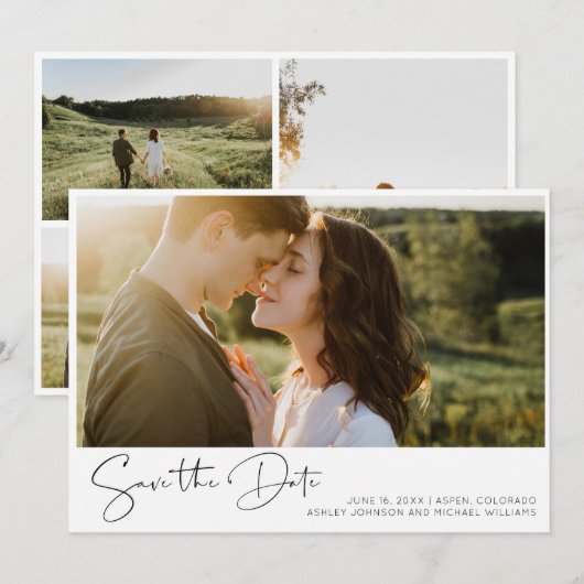 Elegant eenvoudig zwart-wit 4 foto Verloving Save The Date (Voorkant / Achterkant)