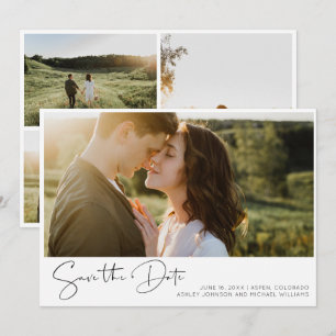Elegant eenvoudig zwart-wit 4 foto Verloving Save The Date