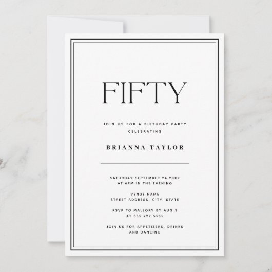 Elegant Eenvoudig Zwart & Wit 50ste Verjaardag Kaart (Voorkant)