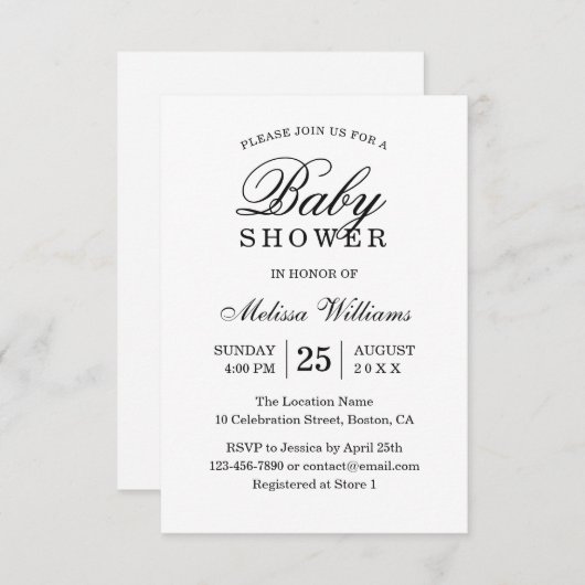 Elegant eenvoudig zwart-wit Baby shower Kaart (Voorkant / Achterkant)