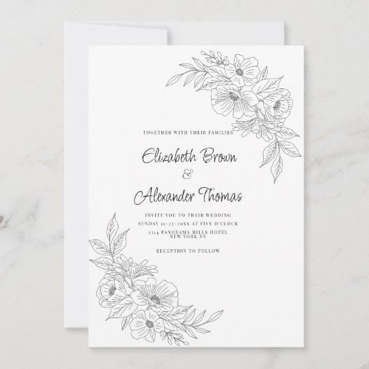 Elegant eenvoudig zwart wit bloemenbruiloft kaart (Voorkant)