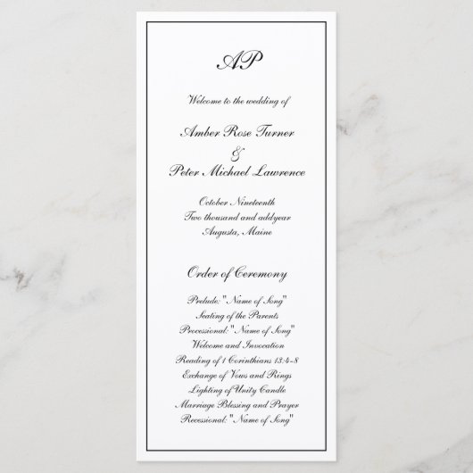 Elegant Eenvoudig Zwart Wit Formeel Monogram Huwel Programmakaart (Voorkant)