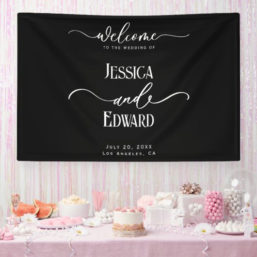 Elegant Eenvoudig Zwart Wit Modern Minimaal Script Spandoek (Feest)