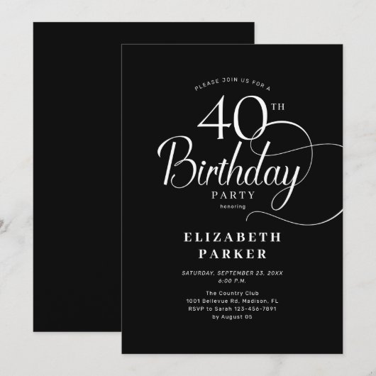 Elegant eenvoudig zwart wit script 40e verjaardag kaart (Voorkant / Achterkant)