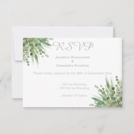 ELEGANT EENVOUDIGE EUCALYPTUS SILVER RSVP INVITATI KAART (Voorkant)