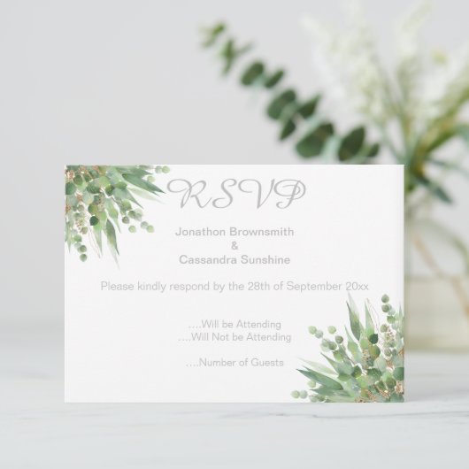 ELEGANT EENVOUDIGE EUCALYPTUS SILVER RSVP INVITATI KAART (Staand voorkant)