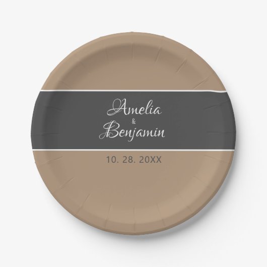 Elegant eenvoudige grijze beige typografie bruilof papieren bordje (Voorkant)