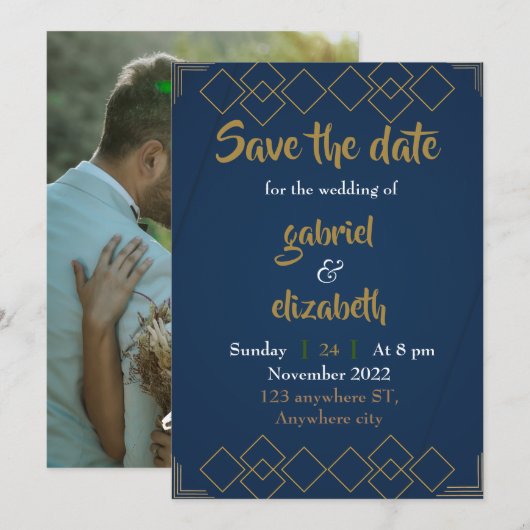 elegant & eenvoudige luxe blauwe trouwuitnodiging kaart (Voorkant / Achterkant)