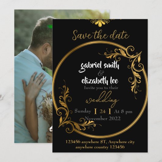 elegant & eenvoudige luxe gouden trouwuitnodiging kaart (Voorkant / Achterkant)