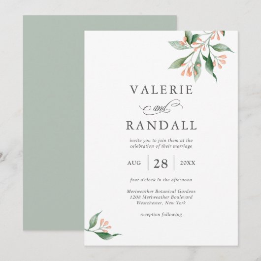 Elegant Eenvoudige Waterverf Botanische Bruiloft Kaart (Voorkant / Achterkant)